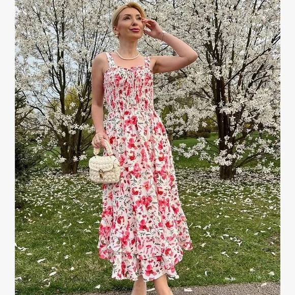 Grace Karin red floral boho maxi flowy sundress size M dress - Picture 9 of 14